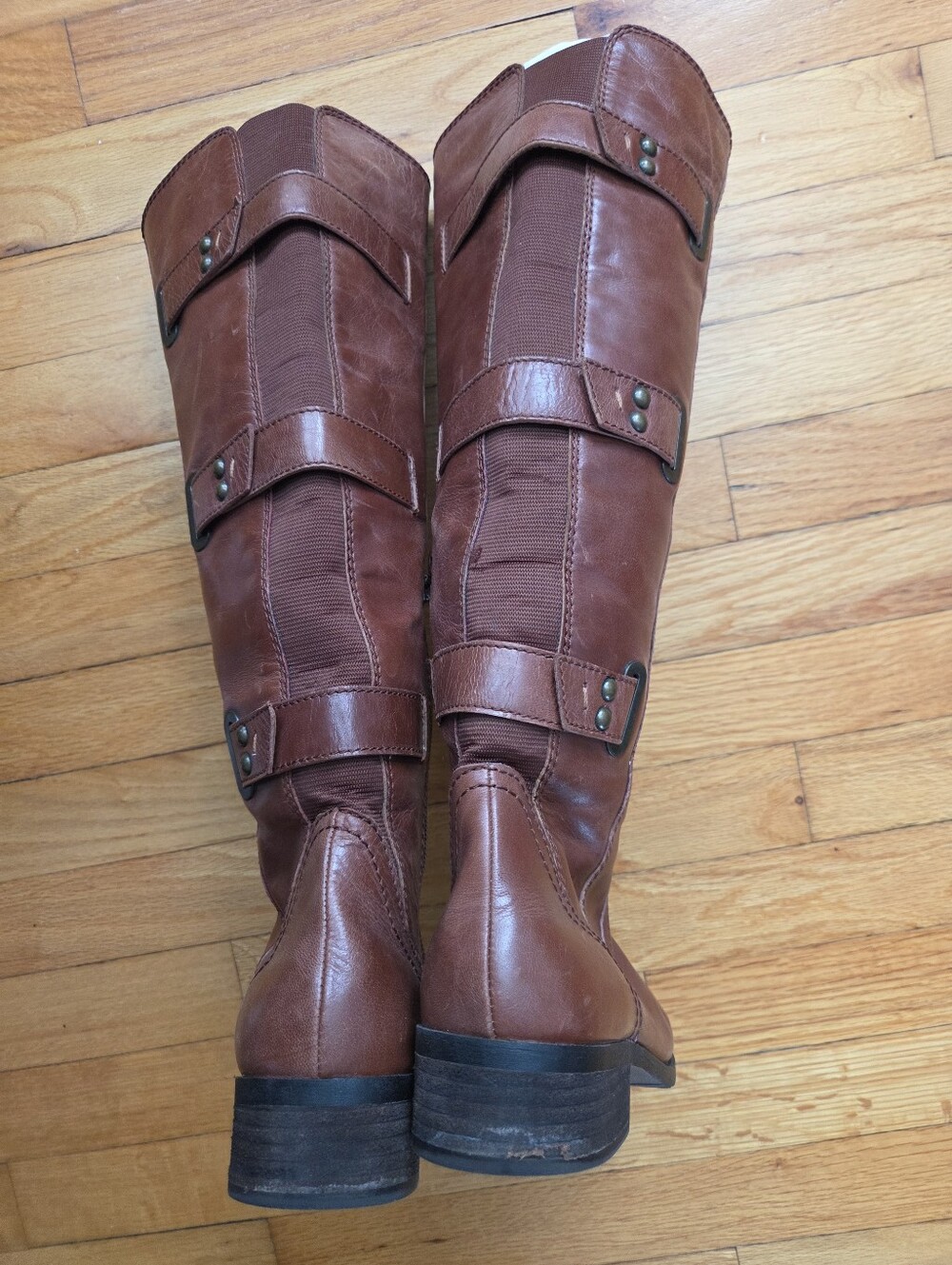 BCBG Tall Cognac Brown Leather Over-the-Knee Boots with Strap Accents Size 8.5 - Picture 6 of 9